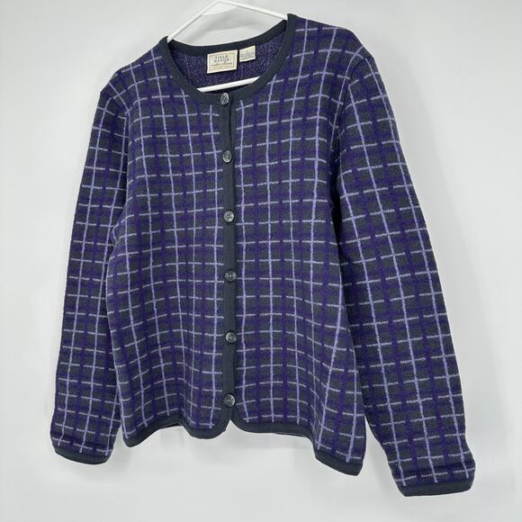 Field Manor Sweater Womens Large Purple Gray Plaid Merino Wool Button Cardigan - Picture 4 of 9
